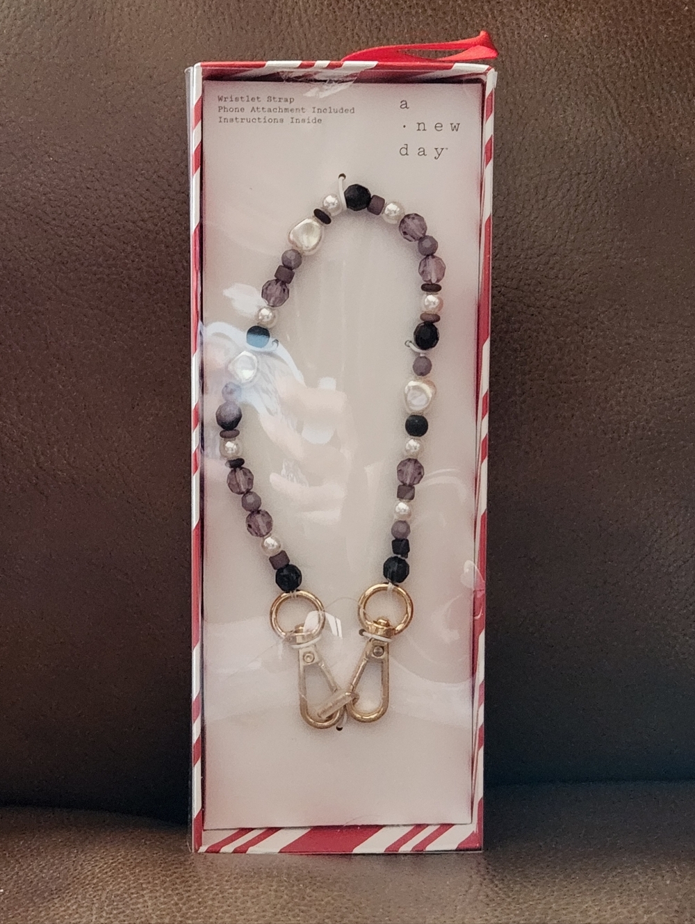 a new day Purple, Black and Pearl Beaded Wristlet Strap with Gold Hardware